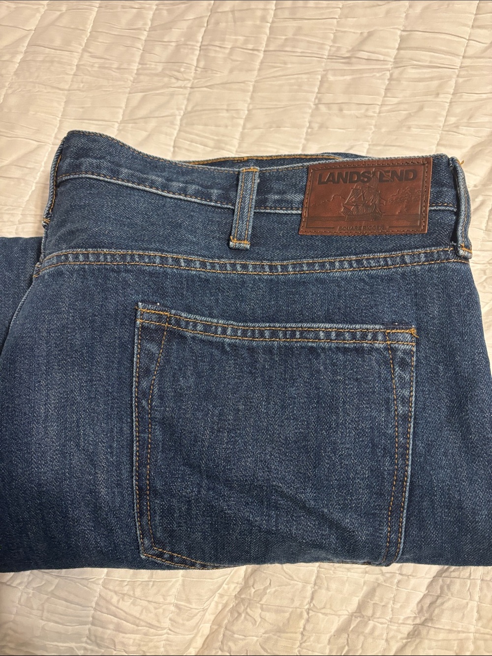 Lands' End Men's Medium Blue Relaxed Jeans with Leather Patch